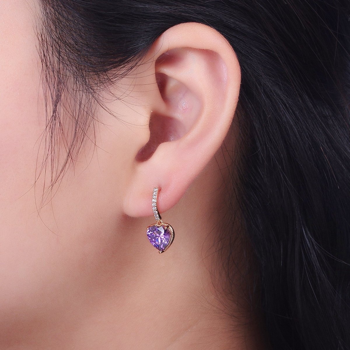 18K Gold Filled Purple or Pink Heart CZ Drop Micro Pave Bar Stud Earrings