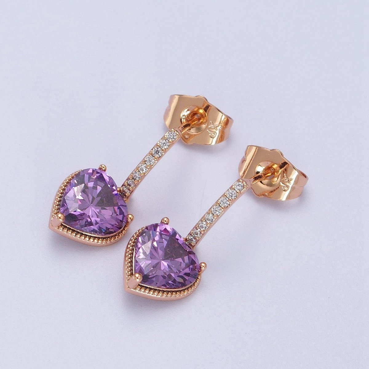 18K Gold Filled Purple or Pink Heart CZ Drop Micro Pave Bar Stud Earrings