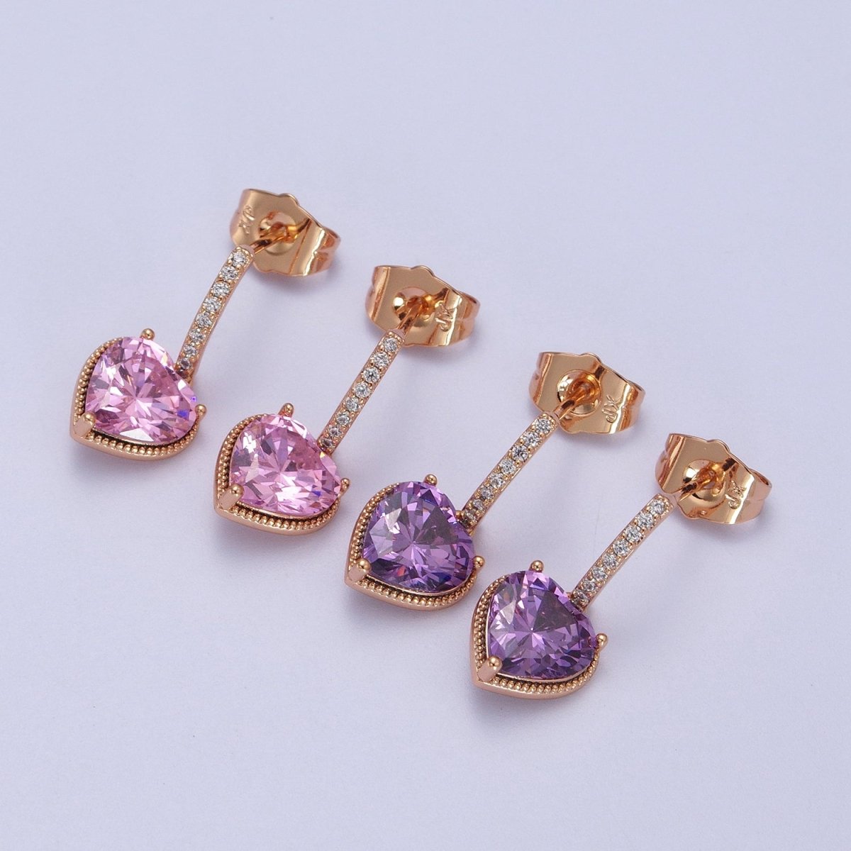 18K Gold Filled Purple or Pink Heart CZ Drop Micro Pave Bar Stud Earrings