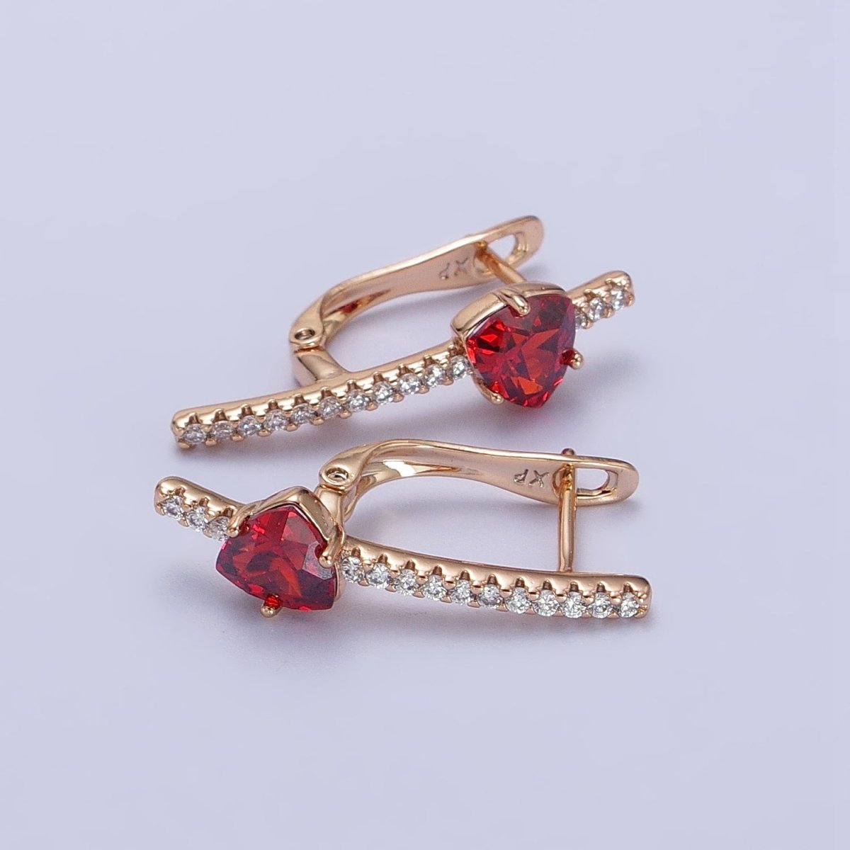 18K Gold Filled Triangle Iridescent AB, Purple, Blue, Red CZ Micro Pave Lined English Lock Earrings