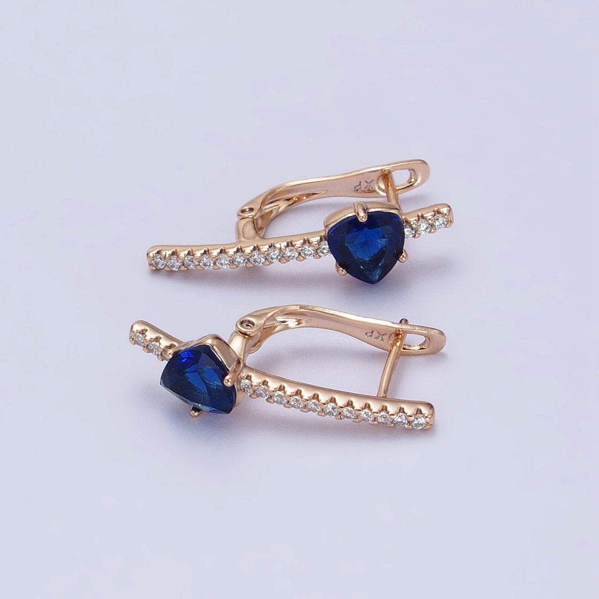 18K Gold Filled Triangle Iridescent AB, Purple, Blue, Red CZ Micro Pave Lined English Lock Earrings