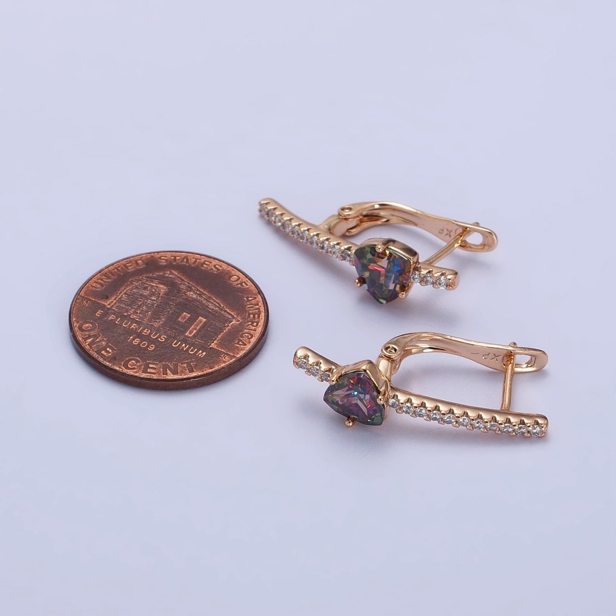 18K Gold Filled Triangle Iridescent AB, Purple, Blue, Red CZ Micro Pave Lined English Lock Earrings
