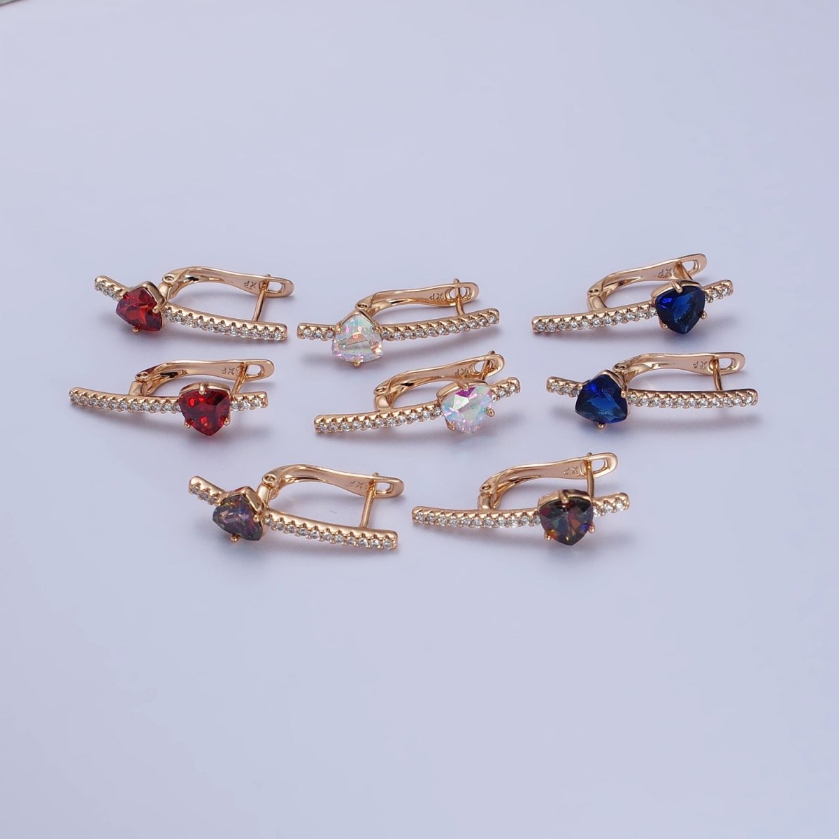 18K Gold Filled Triangle Iridescent AB, Purple, Blue, Red CZ Micro Pave Lined English Lock Earrings