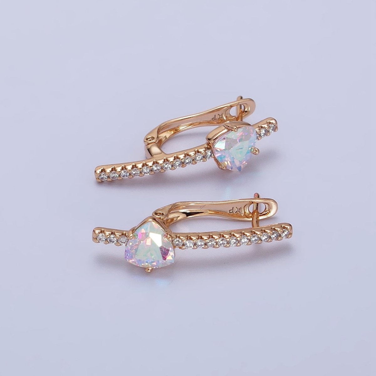 18K Gold Filled Triangle Iridescent AB, Purple, Blue, Red CZ Micro Pave Lined English Lock Earrings
