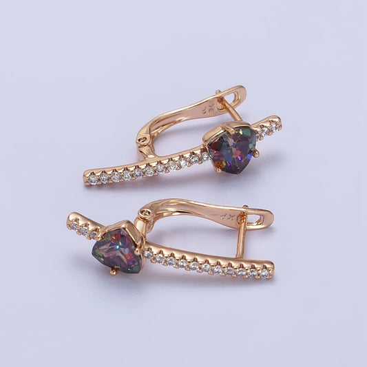 18K Gold Filled Triangle Iridescent AB, Purple, Blue, Red CZ Micro Pave Lined English Lock Earrings