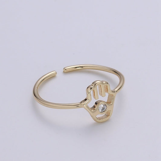 18K Gold Plated Hamsa Hand Ring - Gold Open Adjustable Ring Minimalist Jewelry Everyday Wear