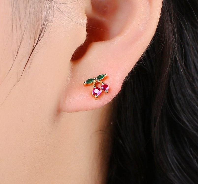 Sweet Dainty Purple-Pink Crystal Cherry Fruit Studs Earrings CZ Floral Color Fruit Casual Daily Wear Earrings