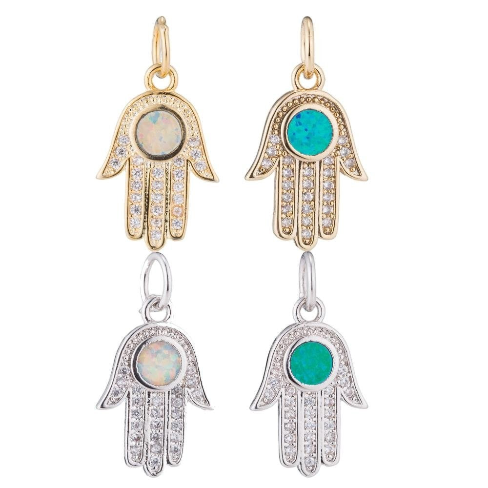 Hamsa Hand, Blue-Green Opal, Evil Eye, Lucky Charm, Peace Cubic Zirconia