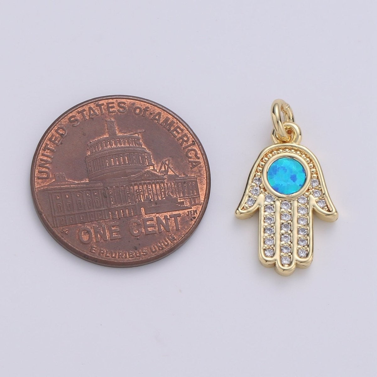 Hamsa Hand, Blue-Green Opal, Evil Eye, Lucky Charm, Peace Cubic Zirconia