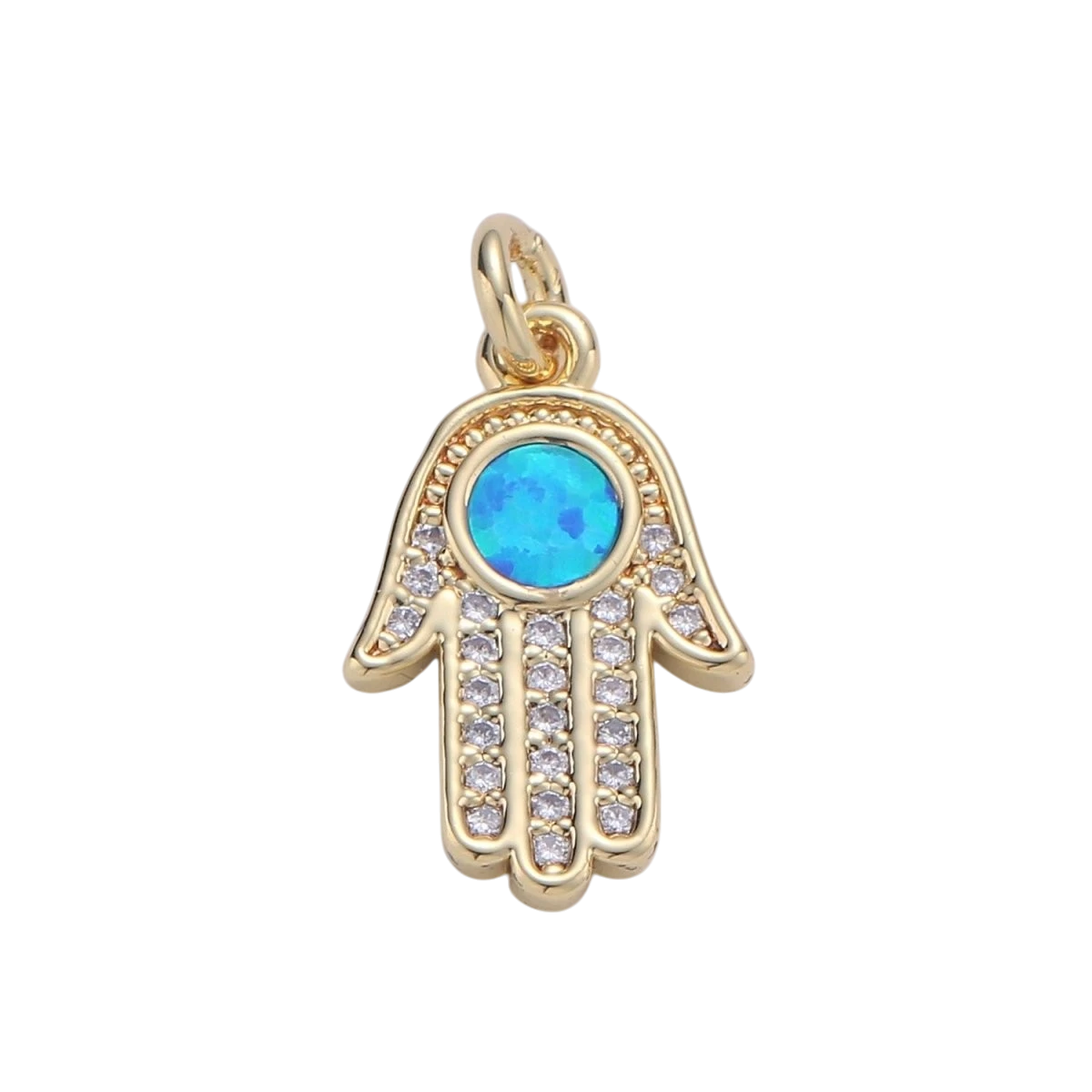 Hamsa Hand, Blue-Green Opal, Evil Eye, Lucky Charm, Peace Cubic Zirconia