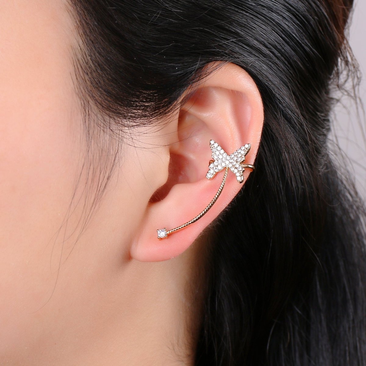 Butterfly climber earrings, Gold stud earrings, ear climber, ear cuffs, adorable design, CZ Earring delicate earrings