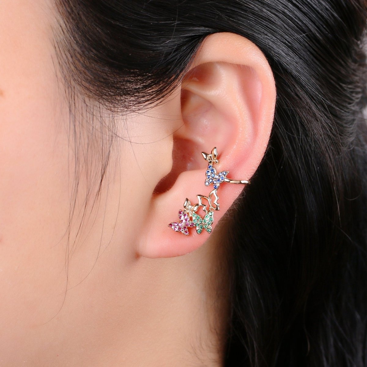 Butterfly Gold ear climbers, Colorful Rainbow earrings, butterfly ear climbers, vine ear climbers