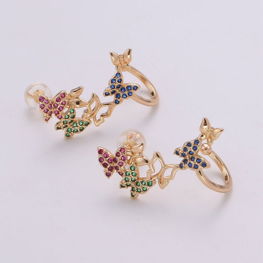 Butterfly Gold ear climbers, Colorful Rainbow earrings, butterfly ear climbers, vine ear climbers