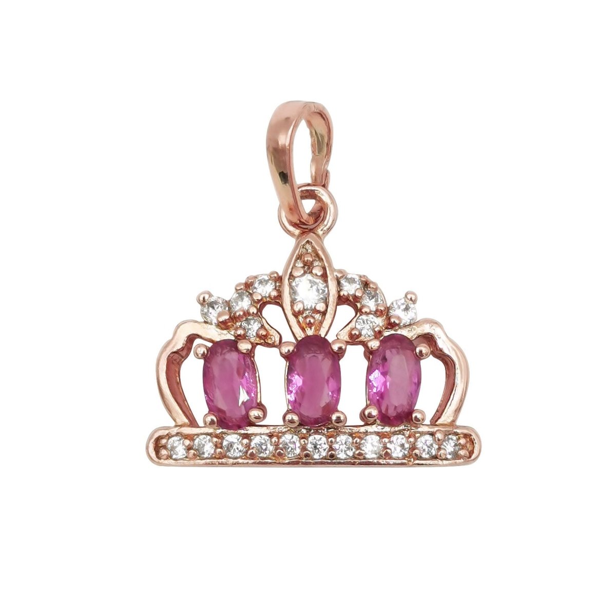 Sweet 18K Gold-Filled Rose Gold 21mm Royal Crown Pendant with Pink Rhinestones, Queen Princess Tiara Pendant