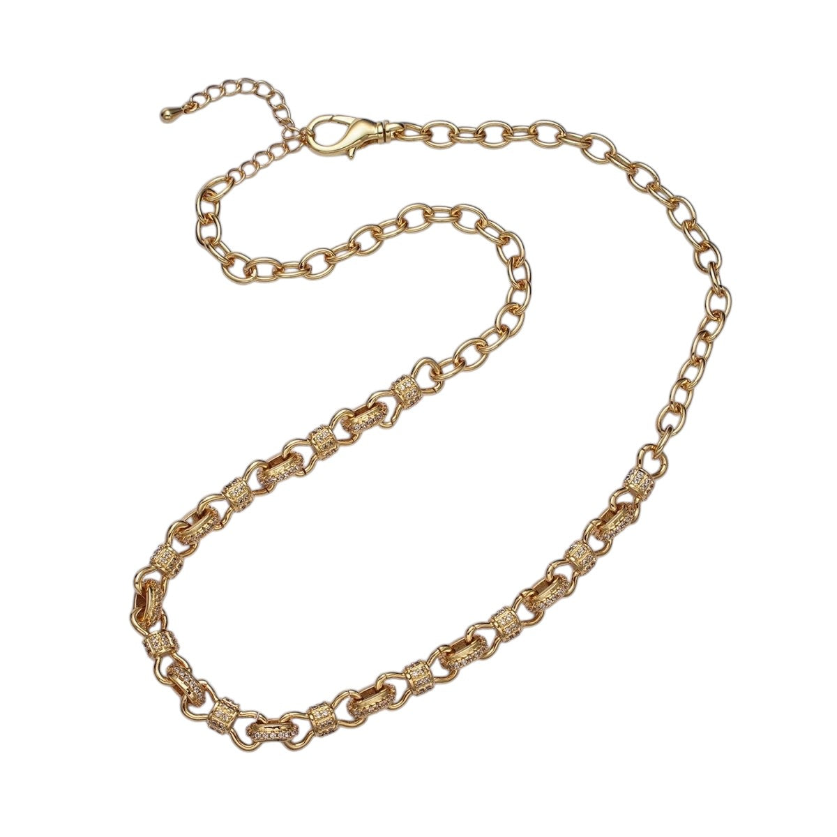 Unique 24K Gold Filled 6.5mm Half Micro Paved CZ Figure Eight Bow Cable Link 17 Inch Chain Necklace