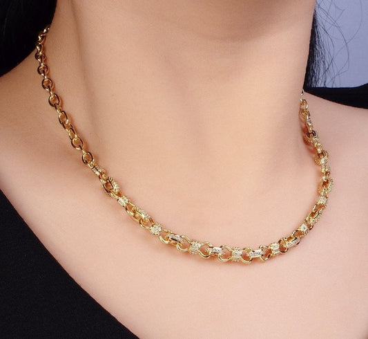 Unique 24K Gold Filled 6.5mm Half Micro Paved CZ Figure Eight Bow Cable Link 17 Inch Chain Necklace