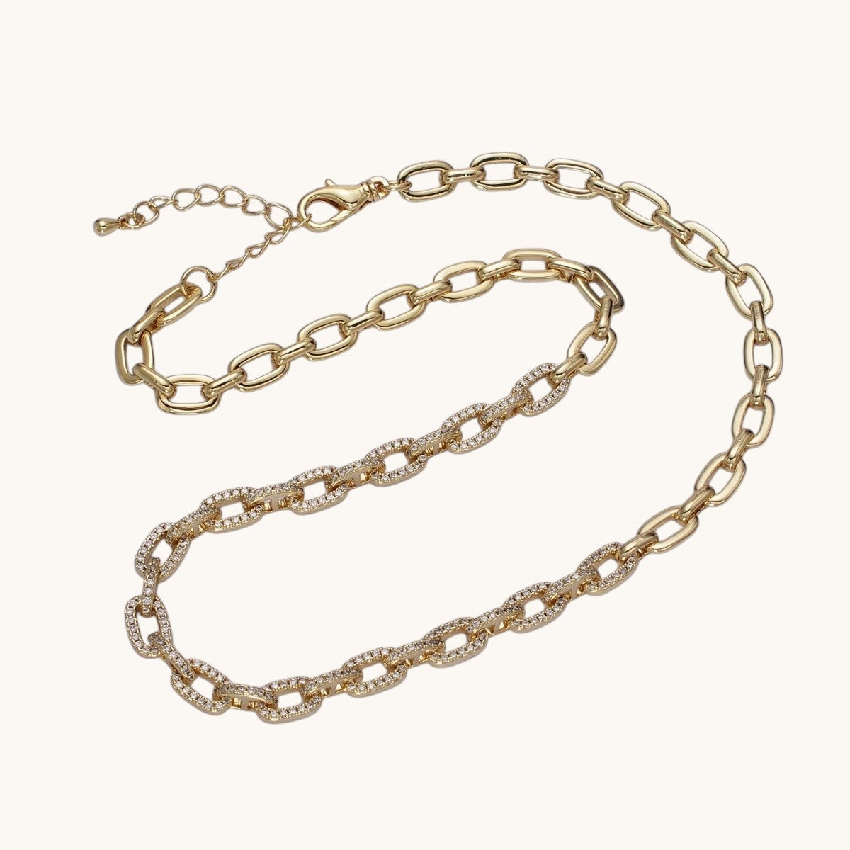 24K Gold Filled 6.5mm Half Micro Paved CZ Paperclip 17 Inch Chain Necklace in Gold or Silver