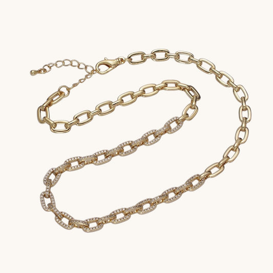 24K Gold-Filled 6.5mm Half Micro Pave CZ Paperclip 17 Inch Chain Necklace in Gold or Silver