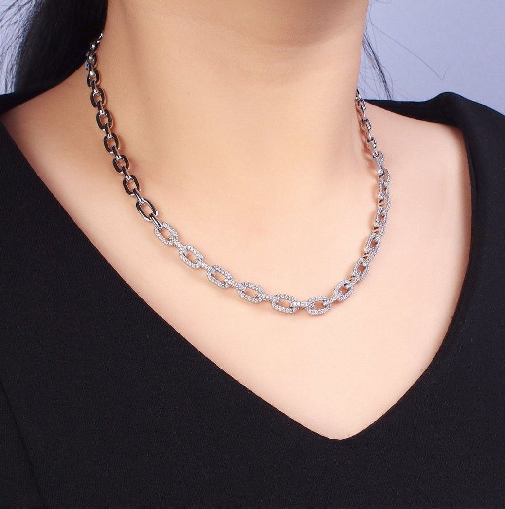 24K Gold Filled 6.5mm Half Micro Paved CZ Paperclip 17 Inch Chain Necklace in Gold or Silver