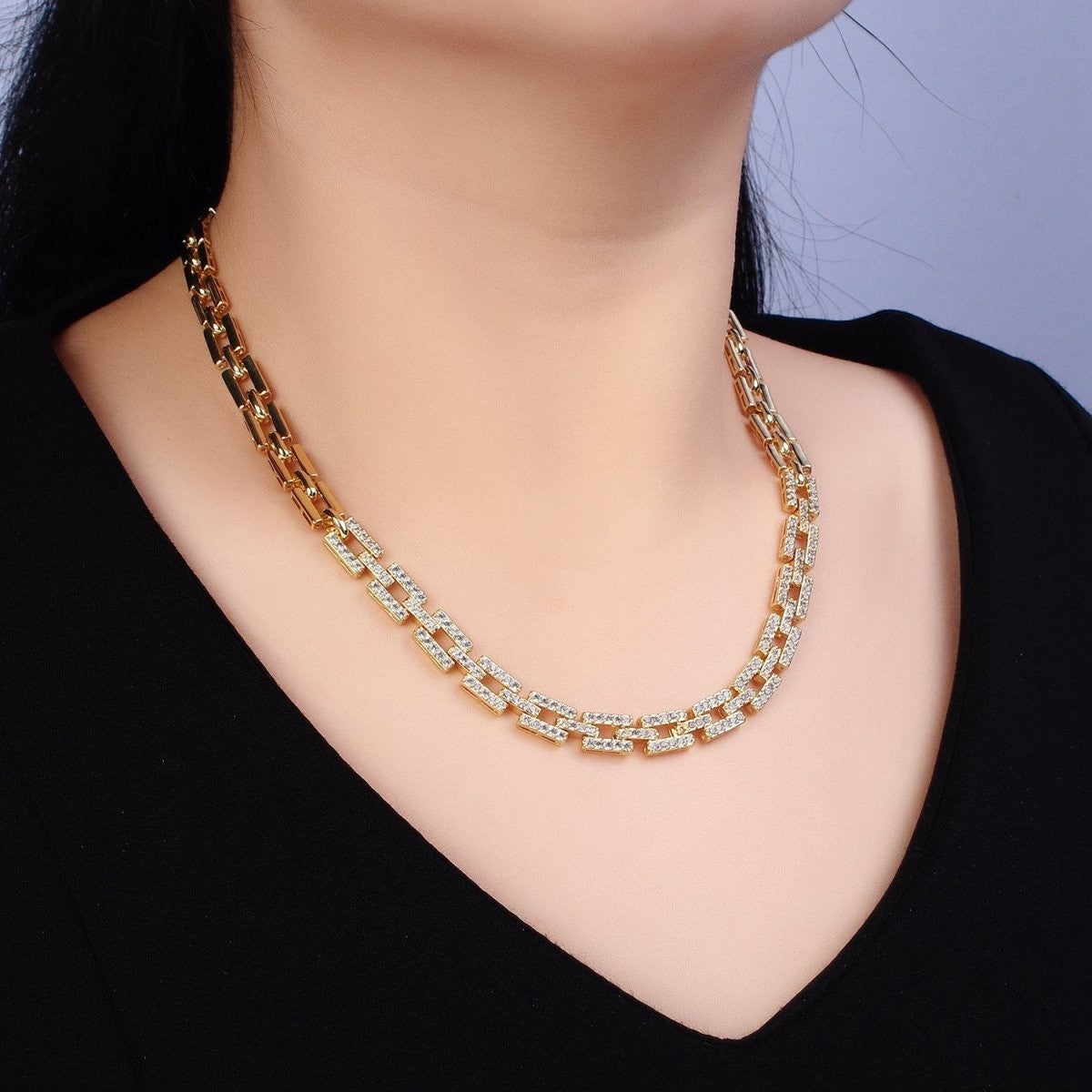 Stunning 24K Gold Filled 7.5mm Half Micro Paved CZ Boxy Paperclip Link 17 Inch Chain Necklace in Silver and Gold