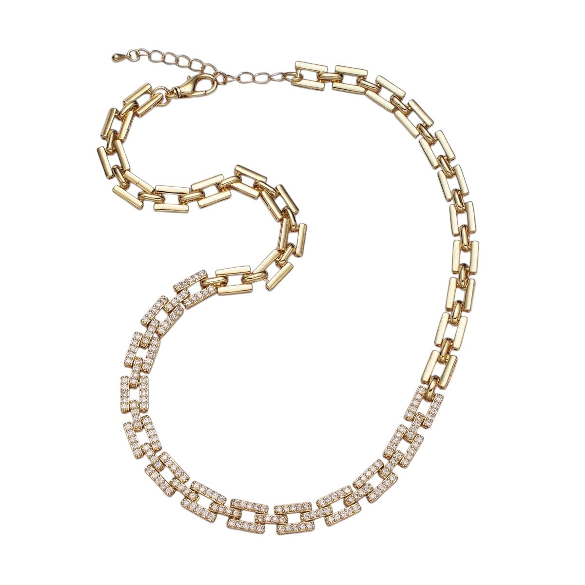 Stunning 24K Gold Filled 7.5mm Half Micro Paved CZ Boxy Paperclip Link 17 Inch Chain Necklace in Silver and Gold