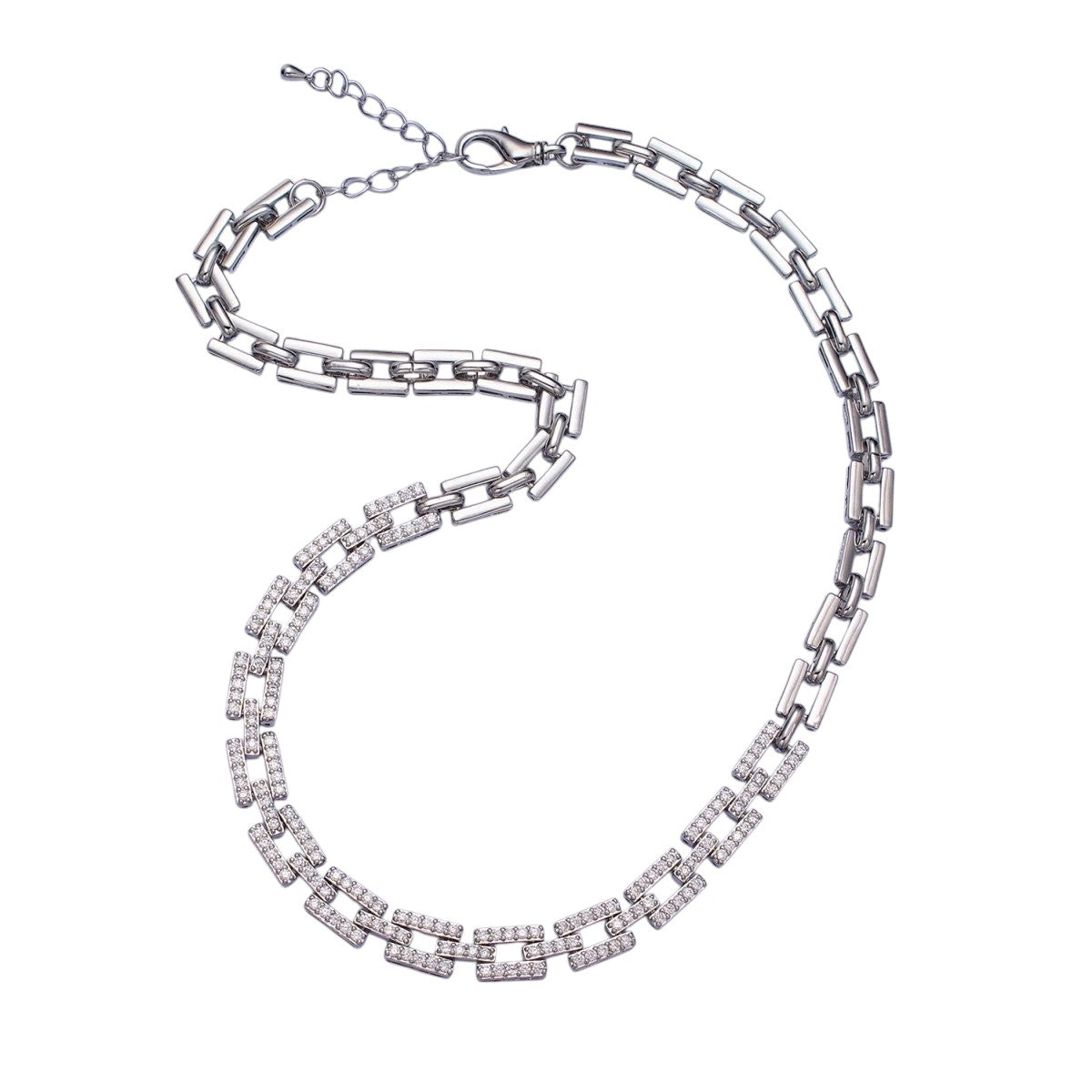 Stunning 24K Gold Filled 7.5mm Half Micro Paved CZ Boxy Paperclip Link 17 Inch Chain Necklace in Silver and Gold