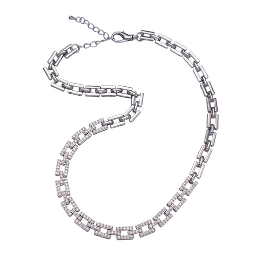 Stunning 24K Gold Filled 7.5mm Half Micro Paved CZ Boxy Paperclip Link 17 Inch Chain Necklace in Silver and Gold