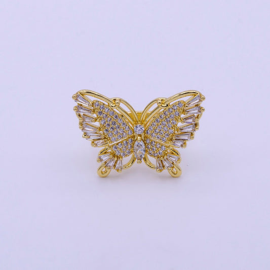 Beautiful 24K Gold-Filled Antenna Monarch Butterfly Marquise Baguette Micro Pave Mariposa Wings Ring