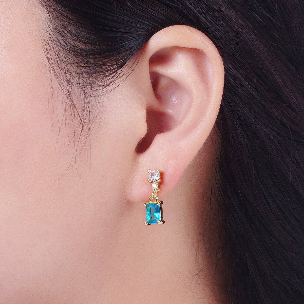 24K Gold Filled Aqua Blue Baguette Cubic Zirconia Dangle Drop Stud Earrings