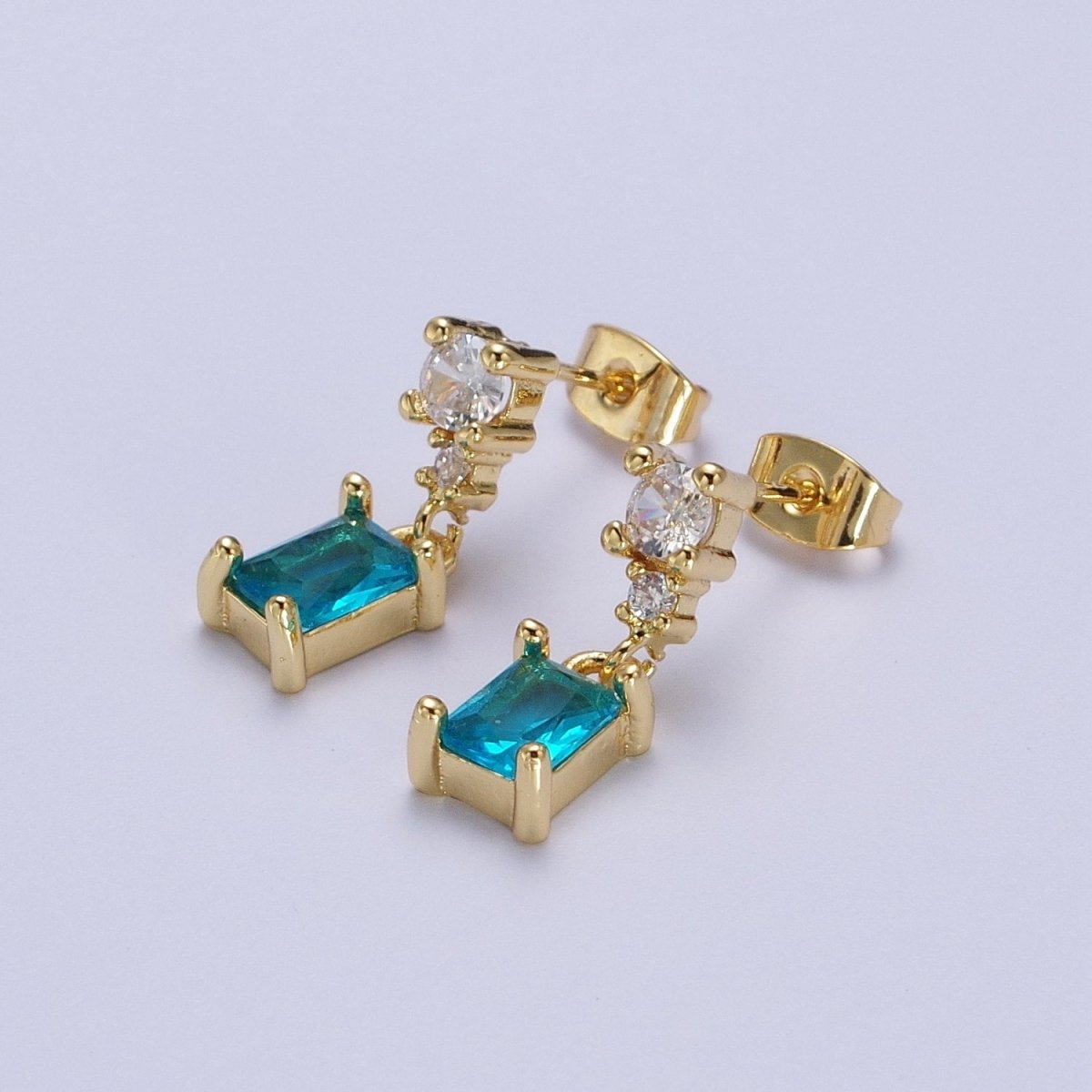 24K Gold Filled Aqua Blue Baguette Cubic Zirconia Dangle Drop Stud Earrings