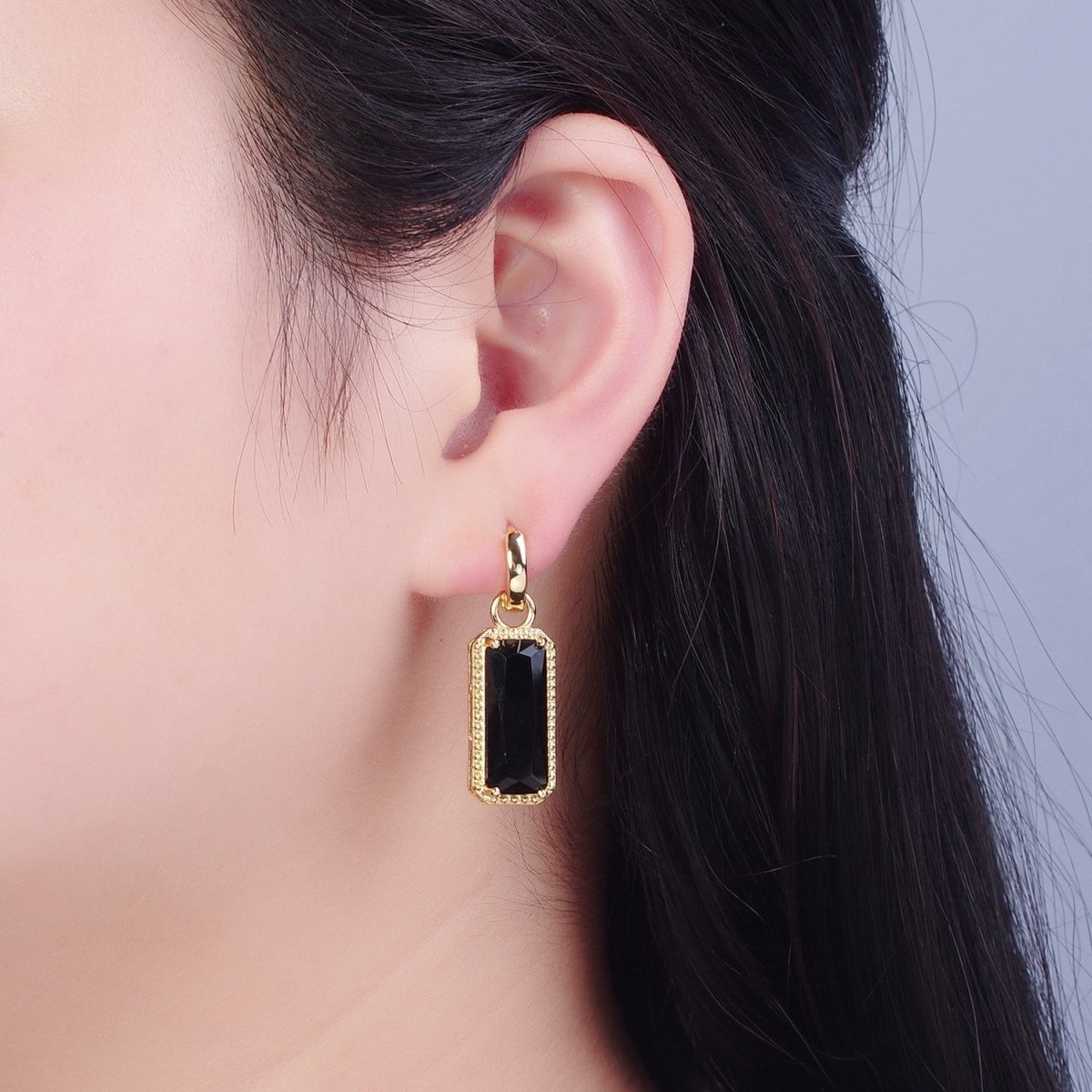 24K Gold Filled Baguette Huggie Hoop, Multicolor CZ Gold Beaded Cocktail Earrings