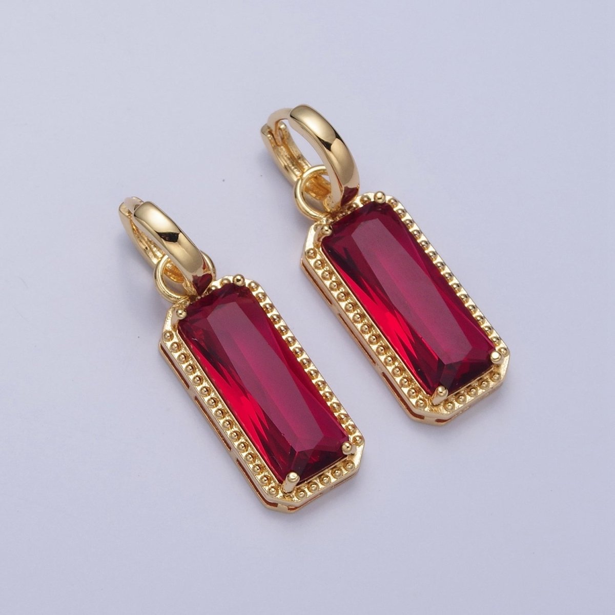 24K Gold Filled Baguette Huggie Hoop, Multicolor CZ Gold Beaded Cocktail Earrings
