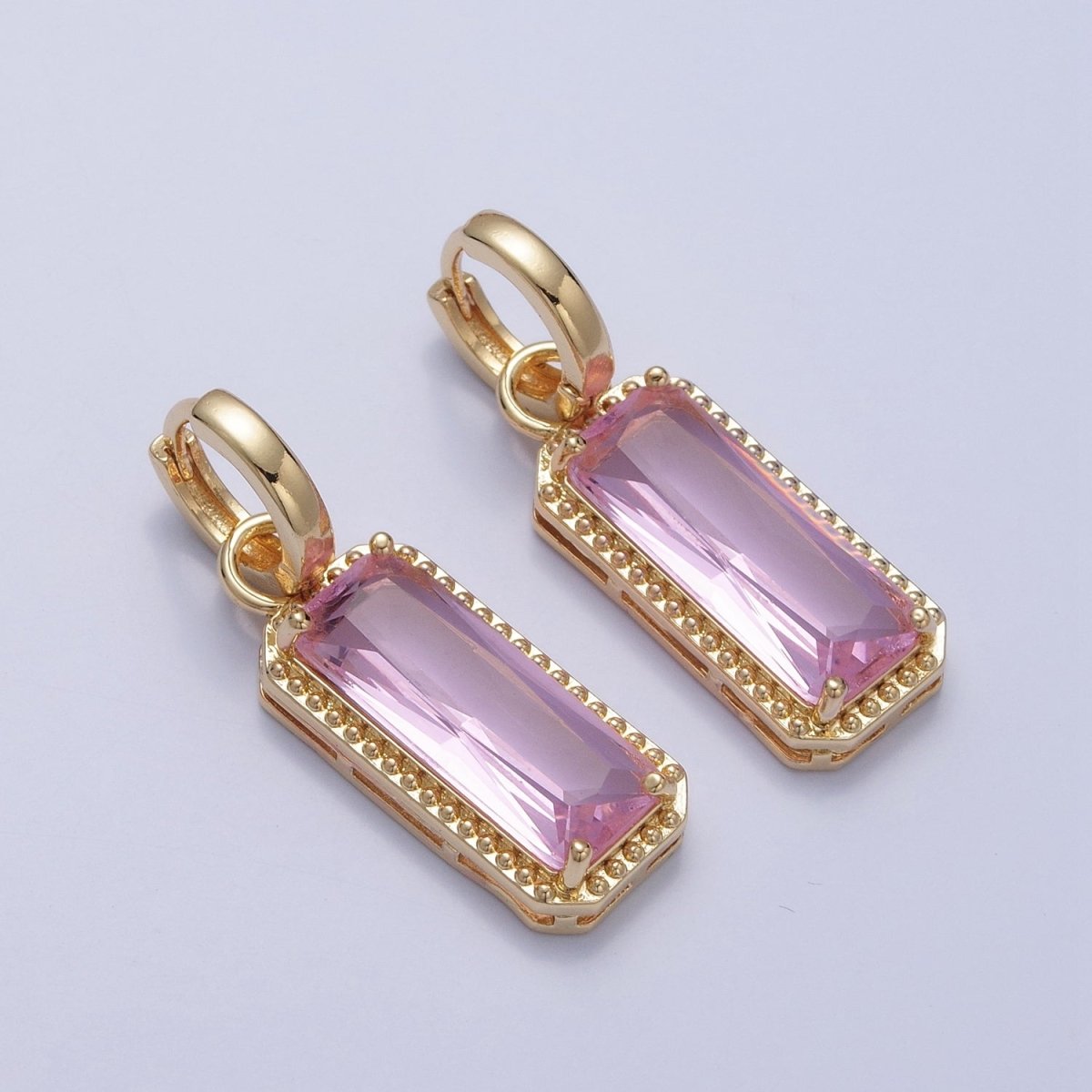 24K Gold Filled Baguette Huggie Hoop, Multicolor CZ Gold Beaded Cocktail Earrings