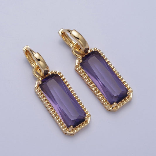 24K Gold Filled Baguette Huggie Hoop, Multicolor CZ Gold Beaded Cocktail Earrings