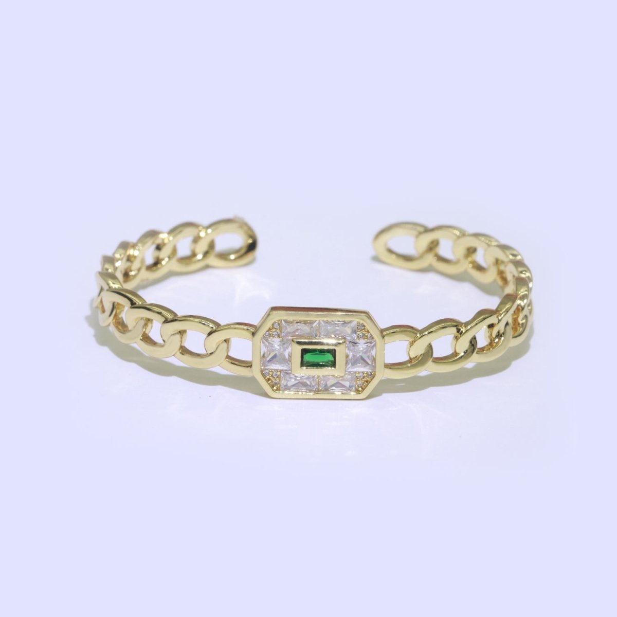 24K Gold Filled Cuff Bracelet Micro Pave Open Adjustable Curb Bracelet in Blue, Pink or Green