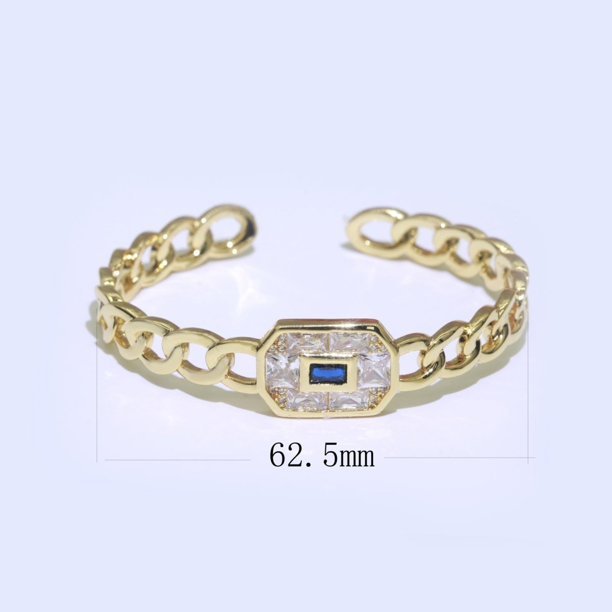 24K Gold Filled Cuff Bracelet Micro Pave Open Adjustable Curb Bracelet in Blue, Pink or Green