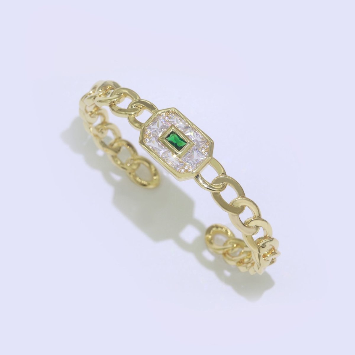 24K Gold Filled Cuff Bracelet Micro Pave Open Adjustable Curb Bracelet in Blue, Pink or Green