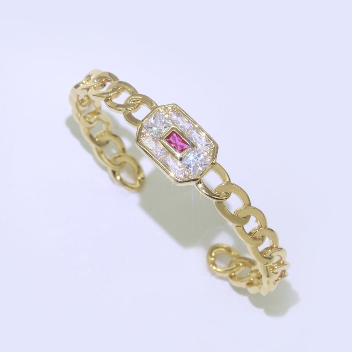 24K Gold Filled Cuff Bracelet Micro Pave Open Adjustable Curb Bracelet in Blue, Pink or Green