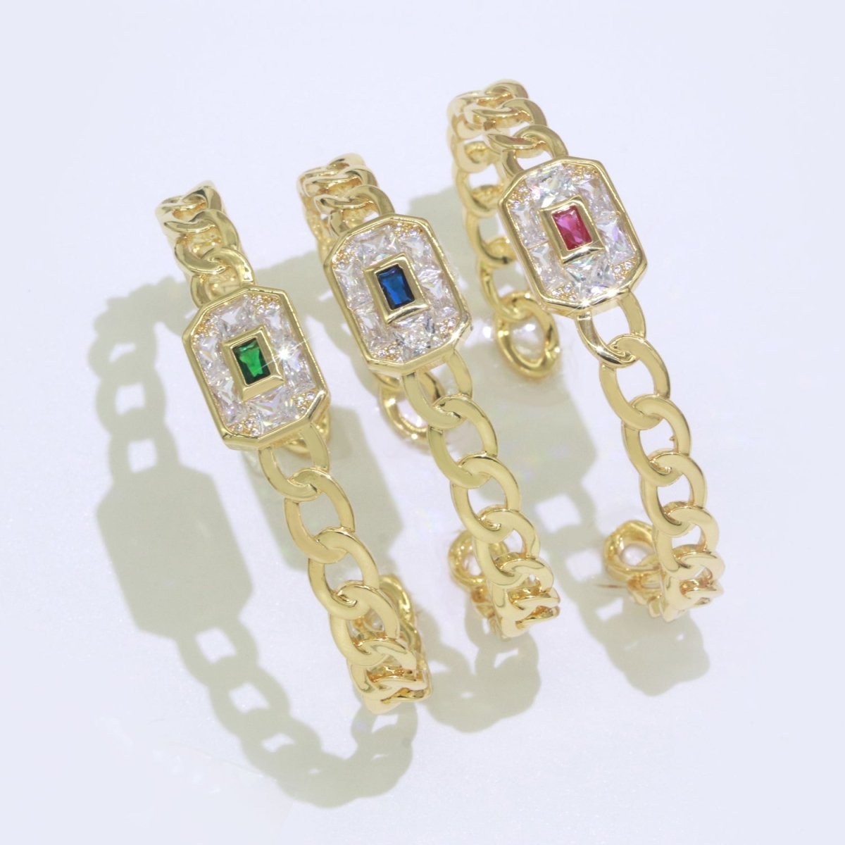 24K Gold Filled Cuff Bracelet Micro Pave Open Adjustable Curb Bracelet in Blue, Pink or Green