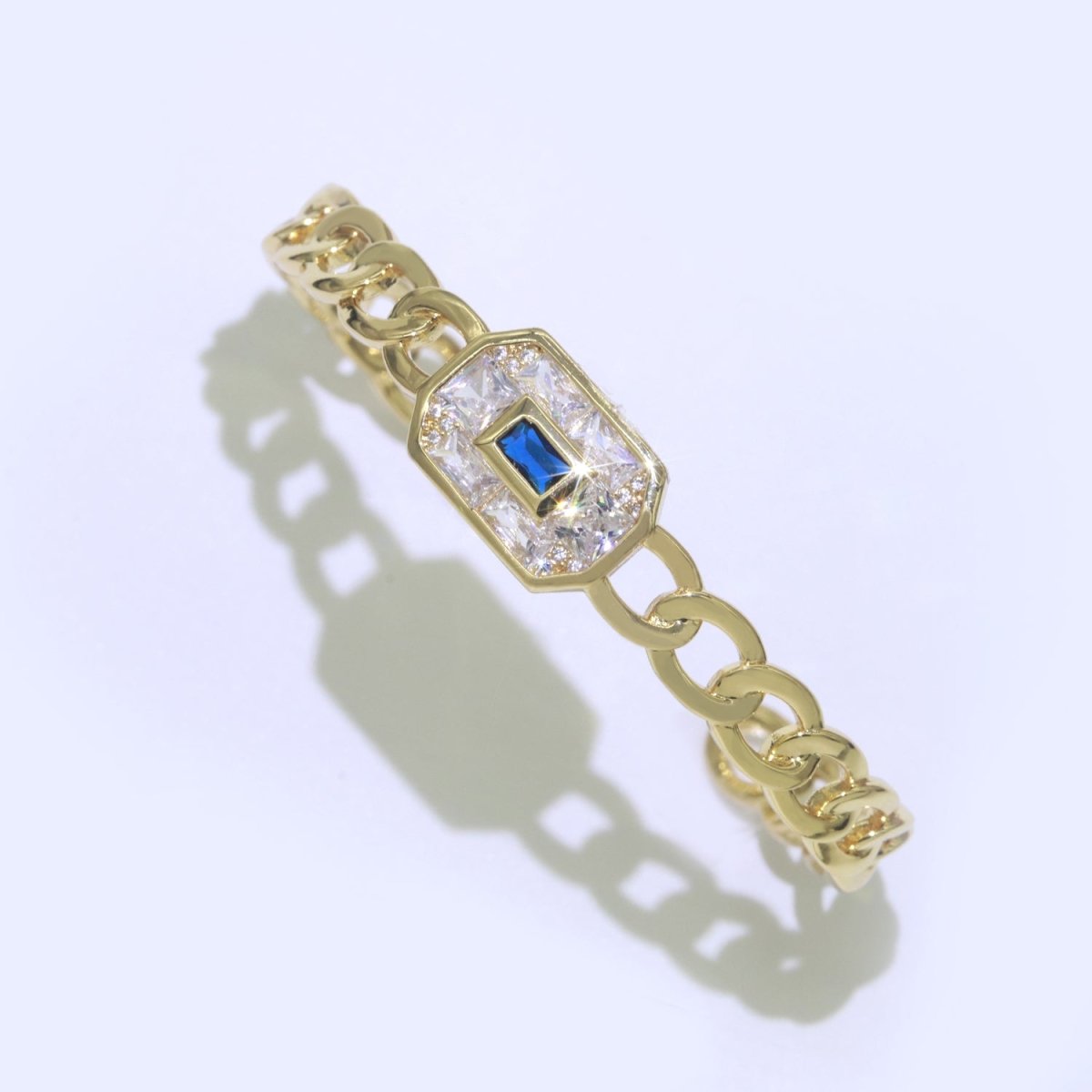 24K Gold Filled Cuff Bracelet Micro Pave Open Adjustable Curb Bracelet in Blue, Pink or Green