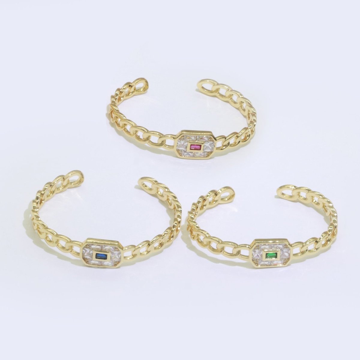 24K Gold Filled Cuff Bracelet Micro Pave Open Adjustable Curb Bracelet in Blue, Pink or Green