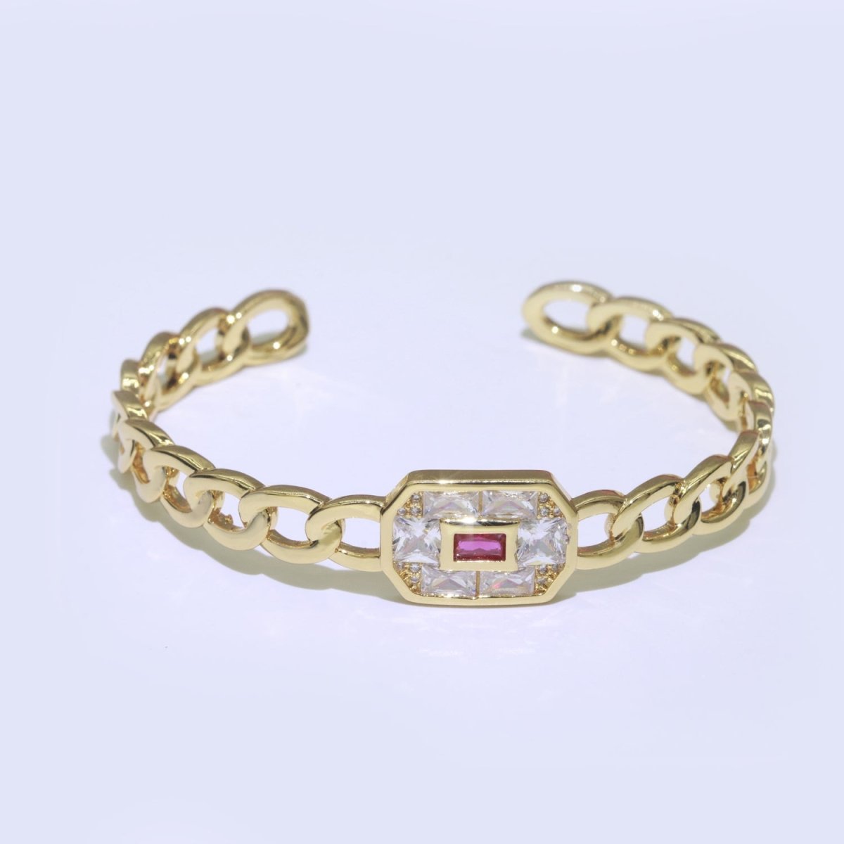 24K Gold Filled Cuff Bracelet Micro Pave Open Adjustable Curb Bracelet in Blue, Pink or Green