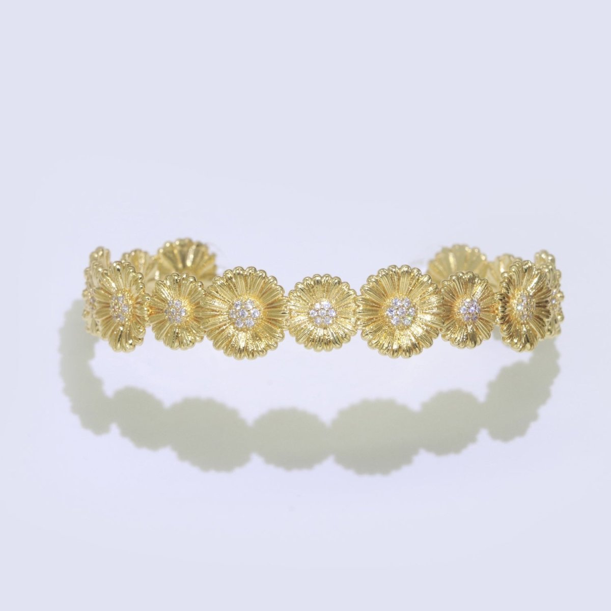 24K Gold Filled Bangle Bracelet Micro Pave Open Adjustable Sunflower Bracelet