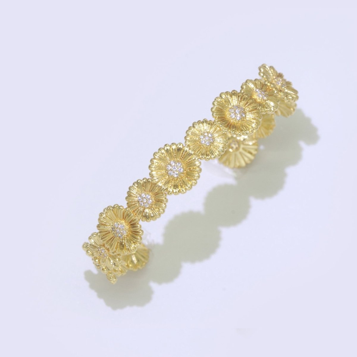 24K Gold Filled Bangle Bracelet Micro Pave Open Adjustable Sunflower Bracelet