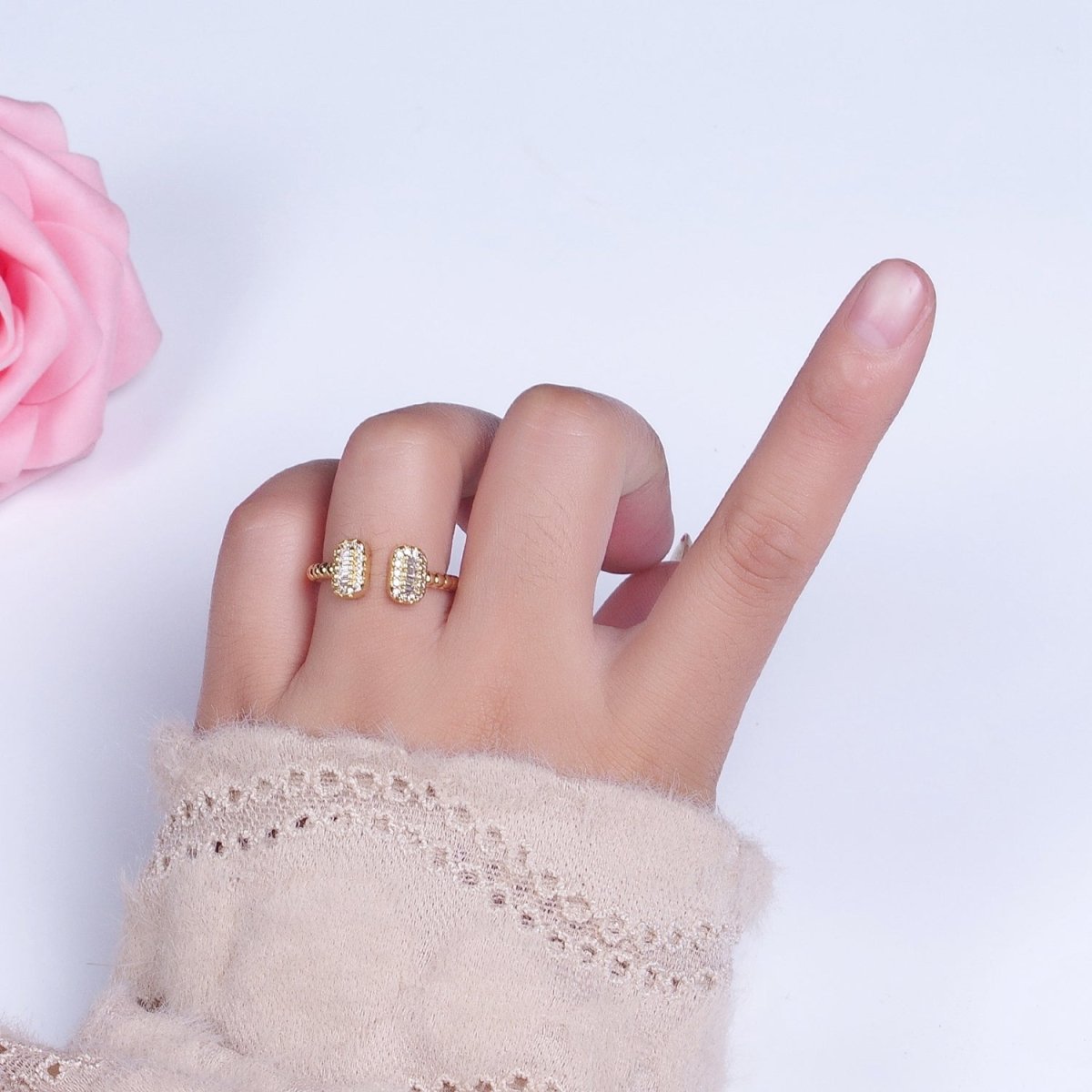 24K Gold Filled Beaded Micro Paved Double Bar Clear Fuchsia Green Baguette Cubic Zirconia Ring