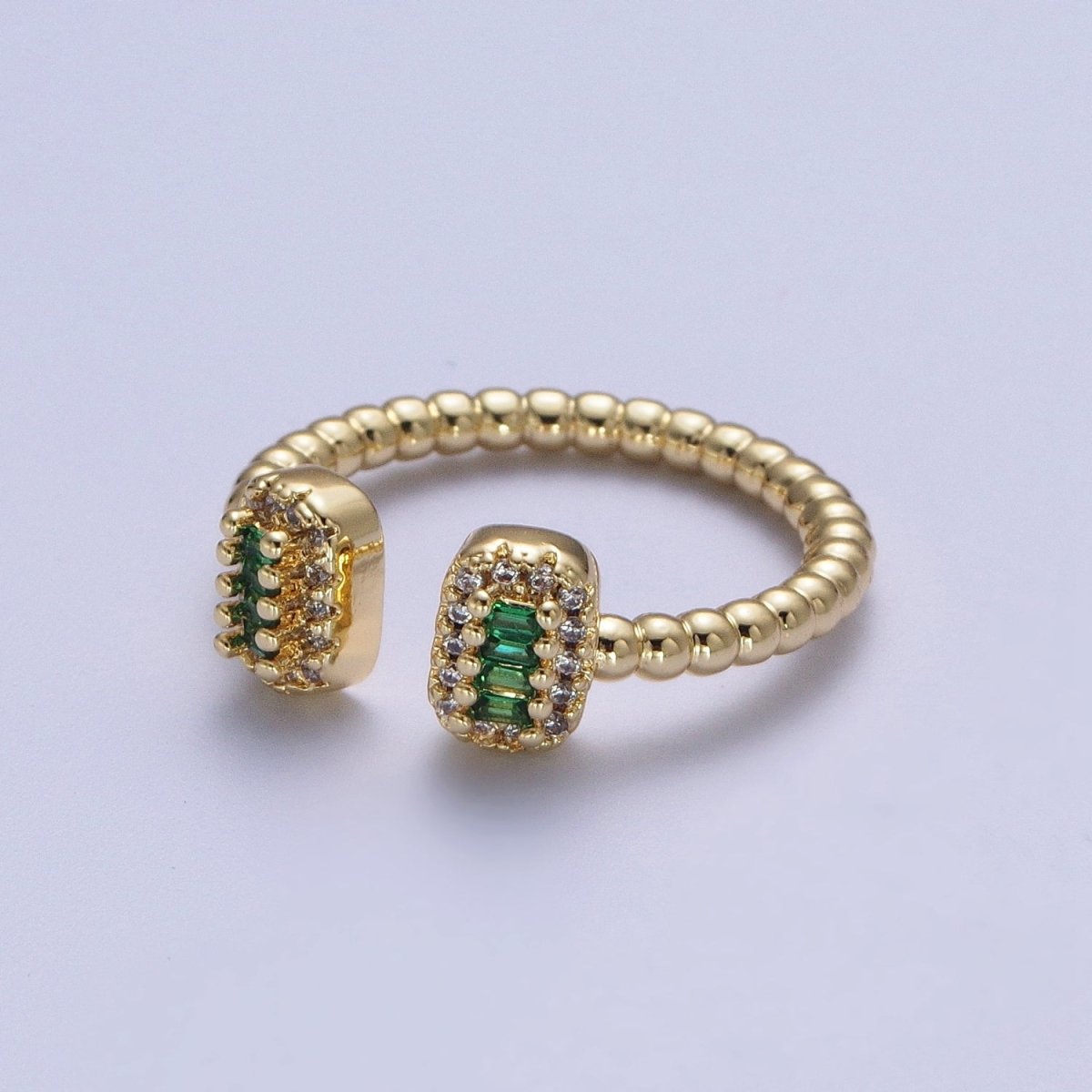 24K Gold Filled Beaded Micro Paved Double Bar Clear Fuchsia Green Baguette Cubic Zirconia Ring