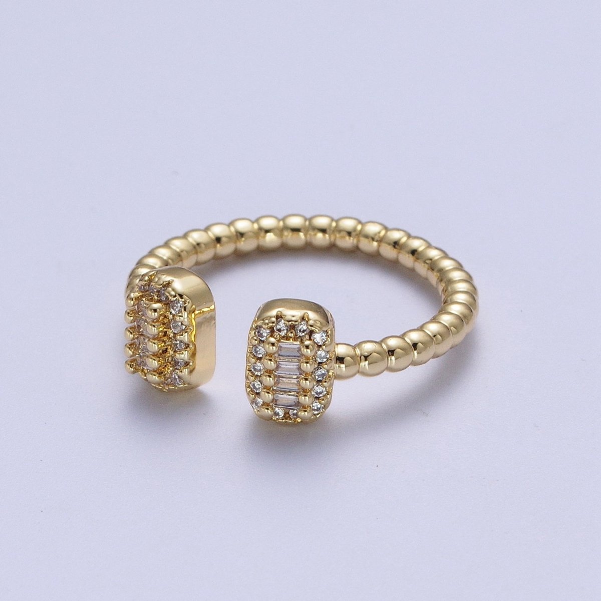 24K Gold Filled Beaded Micro Paved Double Bar Clear Fuchsia Green Baguette Cubic Zirconia Ring