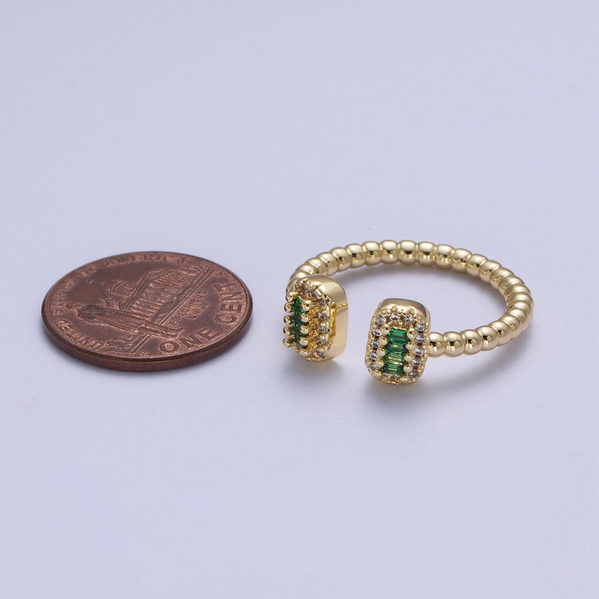 24K Gold Filled Beaded Micro Paved Double Bar Clear Fuchsia Green Baguette Cubic Zirconia Ring