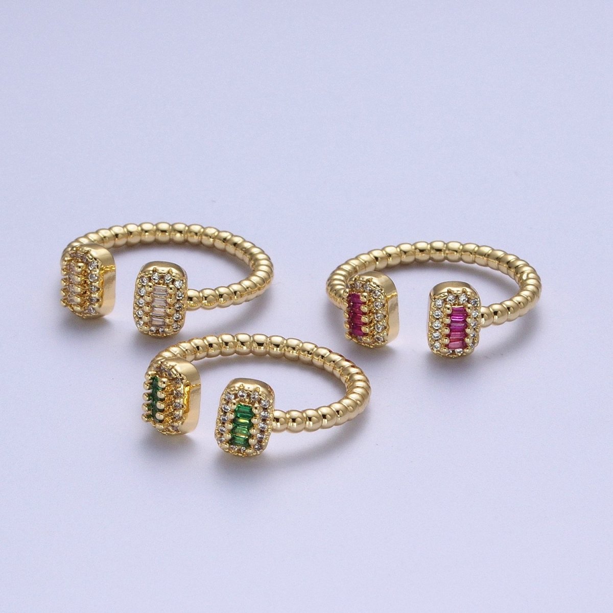 24K Gold Filled Beaded Micro Paved Double Bar Clear Fuchsia Green Baguette Cubic Zirconia Ring
