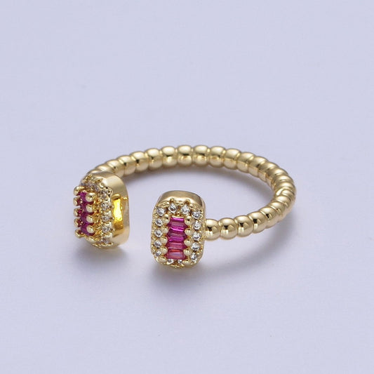 24K Gold Filled Beaded Micro Paved Double Bar Clear Fuchsia Green Baguette Cubic Zirconia Ring